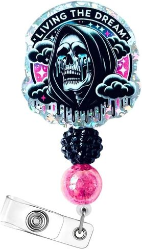 Living The Dream Funny Halloween Badge Reel Retractable ID Name Holder Clip Fun Spooky Ghost Skull Grim Reaper Radiology Skeleton Sarcastic ER Tech RN CNA MA Life Nurse Nursing Gifts Accessories in Kuwait
