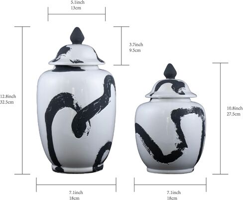 Decorative Ceramic Ginger Jar with Lid, White and Black, Stylish Vase for Home Decor (Small) in Saudi Arabia