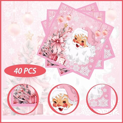40pcs Pink Christmas Party Paper Napkins Pink Christmas Santa Claus Snowflake Paper Napkins Christmas Party Supplies Pink Christmas Lunch Napkins Christmas Disposable Napkins for Xmas Decorations in Saudi Arabia