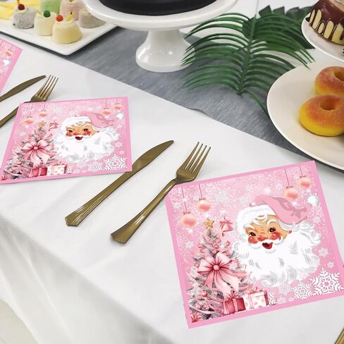 40pcs Pink Christmas Party Paper Napkins Pink Christmas Santa Claus Snowflake Paper Napkins Christmas Party Supplies Pink Christmas Lunch Napkins Christmas Disposable Napkins for Xmas Decorations in Saudi Arabia