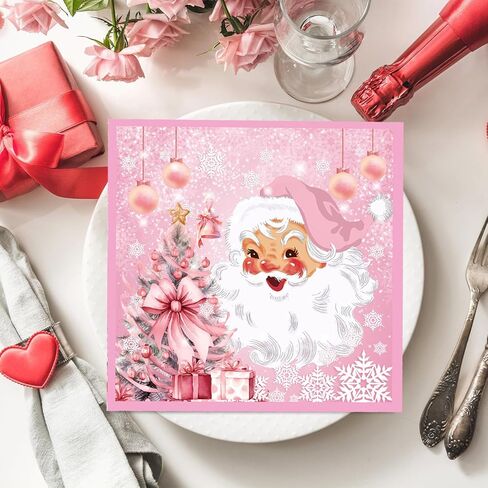 40pcs Pink Christmas Party Paper Napkins Pink Christmas Santa Claus Snowflake Paper Napkins Christmas Party Supplies Pink Christmas Lunch Napkins Christmas Disposable Napkins for Xmas Decorations in Saudi Arabia