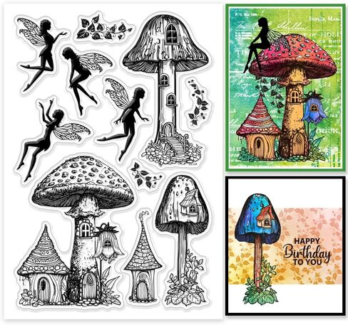 GLOBLELAND Mushroom Fairy Clear Stamps Mushroom House Clear Stamps Mushroom Plants Silicone Stamps for DIY Scrapbooking Photo Album Decorative Cards Making 6.3x4.33inch in Saudi Arabia