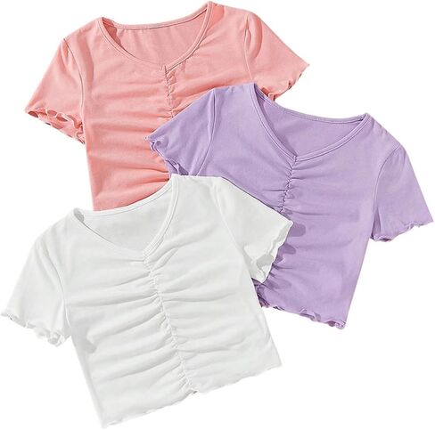 Milumia Girl's 3 Pack Ruched Short Sleeve Crop Tees V Neck Lettuce Trim Cute T-Shirts Tops in Saudi Arabia