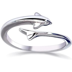 Dolphins Ring 925 Sterling Silver Adjustable Open Wrap Thumb Finger Lovely Cute Small Animal rings