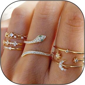 Gold Stackable Rhinestone Knuckle Ring Set for Women Teen Girls Boho Retro Moon Snake Geometric Ring Joint Finger Stacking Nail Ring Jewelry