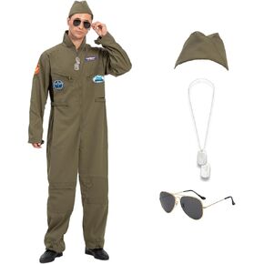 Men's Fighter Pilot Costume Adult Air Force Flight Jumpsuit With Aviator Hat Military Accessory Halloween Costumes