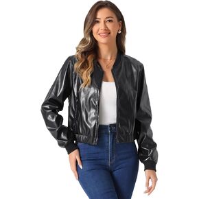 Allegra K Faux Leather Jacket for Women's Zip Up Motorcycle PU Short Bomber Jackets
