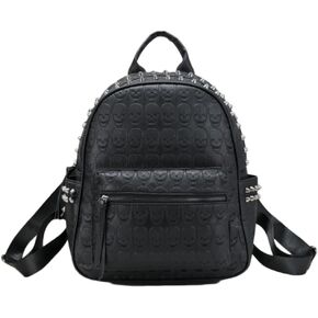 Women Punk Rivets Backpack Skull Printed Daypack Purse PU Leather Shoulder Bags Satchel Black