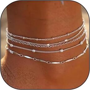 5Pcs Stackable Bead Anklets Set for Women Lady, Boho 14k Gold Plated Thin Link Chain Anklets Dainty Non Tarnish Stacked Beach Holiday Jewelry Gift