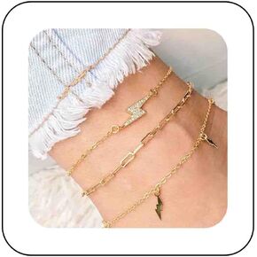 Boho Layered Gold Anklet Bracelets Crystal Lightning Bolt Anklet Chunky Paperclip Chain Anklets Lighting Dangle Anklet Bracelet Summer Beach Anklet Foot Chain Jewelry for Women
