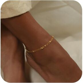 Ankle Bracelets for Women, Dainty 14K Gold Plated Beaded Chain Anklets Set Stackable Gold Anklets for Women Waterproof Layered Anklet Bracelet Cute Beach Summer Jewelry for Women