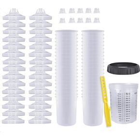 Disposable Paint Sprayer Gun Mixing Cup for HVLP Paint Spray Paint Gun,Automotive Paint Gun 800ml Kit with 30 Cup & Lids System,1 Hard Cup with Retainer Ring