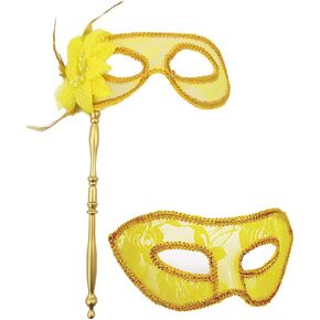 AZYOUNG Womens Black Gold Masquerade Half Face Feather Lace Mask with Removable Stick Mens Flat Translucent Mask