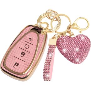 Fit for Chevy Key Fob Cover with Diamond Keychain, Compatible with Chevrolet Equinox Malibu Cruze Traverse Camaro Trax Blazer Volt Bolt Smart Key Protector for Women (4 Buttons-Pink Heart)