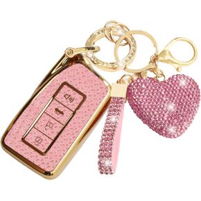 Key Fob Cover with Diamond Keychain for Lexus Car Key Shell Compatible with Lexus RX ES GS LS NX RS GX LX RC LC Smart Remote Key Protector for Women (3/4 Buttons-Pink Heart)