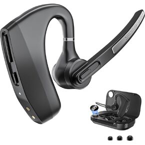 Wireless Earpiece Headset with USB Charging Case & Noise Cancelling Mic for PC, Phone, Bluetooth Headphones Over-Ear with Microphone for Zoom Meetings, Work from Home, Trucker Use