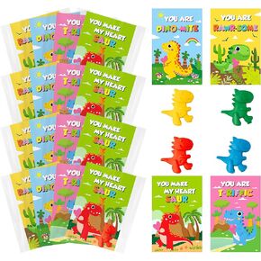WATINC 28PCS Valentine's Day Cards with Dinosaur Crayons Valentine Colorful Dino Crayon & Coloring Card Bulk Transparent Bags Exchange Gifts Classroom Prize Award School Party Favor Supplies for Kids