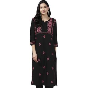 Ada Traditional Hand Embroidered Chikankari Cotton Kurta Kurti Tunic Kameez for Women A411435 Black