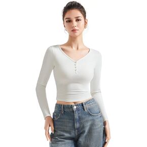 SUUKSESS Women Long Sleeve Henley T Shirts Button Down Slim Fit Tee Crop Top