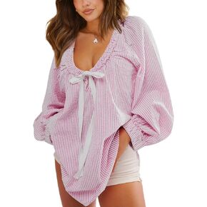 Striped Blouses for Women Dressy Casual Loose Fit Tunic Tops Long Sleeve Scoop Neck Bow Tie Shirt