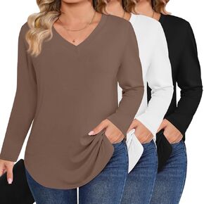 Ficerd 3 Pack Women's Plus Size T-Shirts, V Neck Long Sleeve Blouse Shirts Loose Fit Curved Hem Tees Casual Swing Tunic Tops
