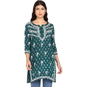 Women Floral Chikan Embroidered Short Rayon Printed Kurti
