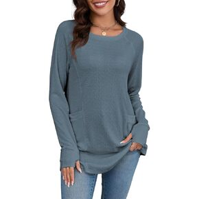 Poetsky Long Sleeve Shirts for Women Dressy Casual loose fit Fall Crew Neck Tunic Tops blouses with Thumb Holes