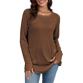 قمصان Poetsky طويلة الأكمام للنساء أنيقة كاجوال فضفاضة مناسبة للخريف برقبة دائرية وبلوزات علوية مع فتحات للإبهام in Kuwait