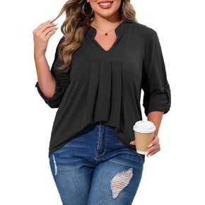 Beauhuty Womens Plus Size Tops Split V Neck Tunic Pleated Shirts Casual Trendy Flowy Dressy Blouses Roll up Sleeves in Kuwait