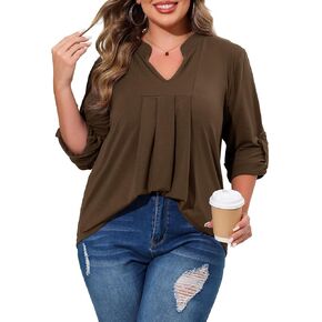Beauhuty Womens Plus Size Tops Split V Neck Tunic Pleated Shirts Casual Trendy Flowy Dressy Blouses Roll up Sleeves