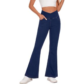 Desol Bell Bottom Jeans for Women Strechy Flare Pull On Jeans High Cross Waisted Tummy Control Bootcut Pants with Pockets