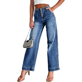 Sidefeel Women's Wide Leg Jeans High Waisted Button Fly Stretchy Straight Legs Denim Pants