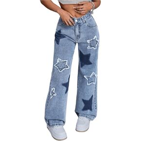 MakeMeChic Women's Baggy Jeans Y2K Star Print Wide Leg Loose Boyfriend Jeans Denim Pants Trousers