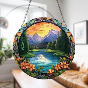 11.8 Inches Large Mountain Acrylic Window Hanging Decor Wildflowers Lake Wall Art Mural Suncatcher for Bedroom Office Garden Wall Decoration Indoor Window Decor Gift for Mom Grandma Teacher