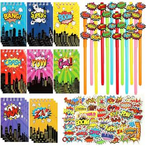 LiYiQ 148 Pcs Hero Party Favors Set: Mini Spiral Notepads, Hero Pens, Stickers for Birthday Party & School Rewards