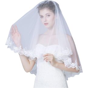 BEAUTELICATE Wedding Bridal Veil with Comb 2 Tier Floral Lace Applique Edge Elbow Length Ivory White 32"
