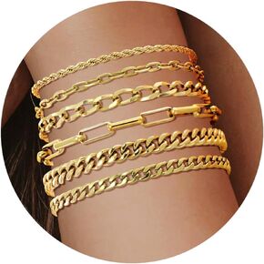 Bracelets for Women, 14K Gold Plated Bracelets for Women Trendy, 6PCS Set Dainty Stackable Paperclip Chain Bracelets, Jewelry Gifts for Lover Mom