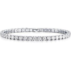 18K Gold/Silver Plated 4mm High Carbon Diamond Classic Tennis Bracelet,Stainless Steel Silver Chain for women,with 19cm Detachable Adjustable Length Buckle