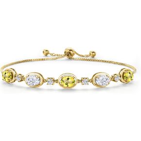 Gem Stone King 18K Yellow Gold Plated Silver Canary Mystic Topaz and White Moissanite Bracelet For Women | 4.20 Cttw | Gemstone November Birthstone | Oval 7X5MM | Fully Adjustable 9 Inch