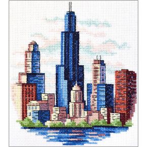Povitrulya Counted Cross Stitch Kit for Adults “Chicago" - Chi-Town Cityscape Hand Embroidery Set with Pattern, 14-Count Aida Cloth and Pre-Sorted Cotton Threads