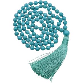 Create idea 8mm Blue Turquoise Necklace Boho Vintage Long Beaded Tassel Handmade-Knotted Retro Necklace Round Ball Bead Gemstone Pendant Jewelry for Women 52cm