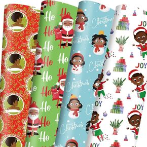 Vnaaem African American Christmas Wrapping Paper Black Santa Gift Wrap for Boys Girls Kids Women Holiday Baby Shower Decoration - 20 X 28Inches Per Sheet(8 Pack)