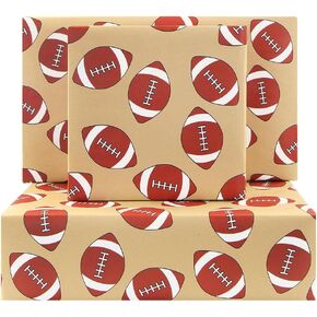 Rugby Ball Wrapping Paper, 4 Sheets Football Wrapping Paper for Men Boys Kids 28x20 Inches, Brown Sports Rugby Gift Wrap Paper for Sport Events Wedding Birthday Party