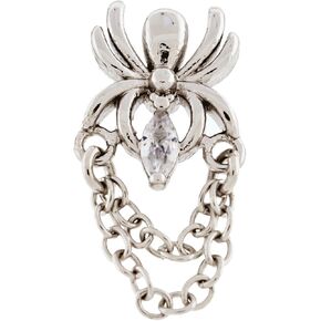 Pierced Owl 16GA 316L Stainless Steel CZ Crystal Spider with Dangling Chains Barbell Stud