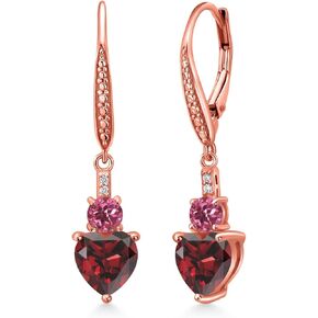 Gem Stone King 18K Rose Gold Plated Silver Red Garnet Pink Tourmaline and White Lab Grown Diamond Drop Dangle Earrings For Women (3.13 Cttw, Heart Shape 7MM, Round 4MM)