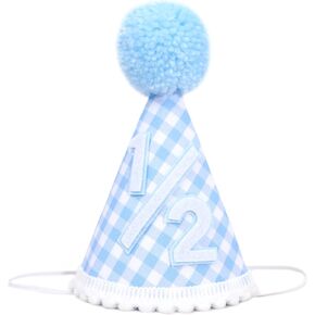1/2 Birthday Crown for Boys - Light Blue Half Birthday Party Hat, Blue Gingham Style Decoration