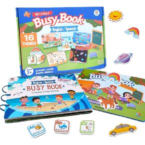 Montessori Autism Sensory Educational Busy Book for Toddlers, 16 Themes, 160 Reusable Stickers, Bilingual English Spanish A/B Books, 12" X 8.5"