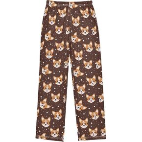 Cartoon Corgi Dog Face Long Pajama Pants Bottoms Soft Sleepwear with Pockets