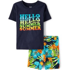 The Children's Place Boys Sleeve Top and Shorts Snug Fit 100% Cotton 2 Piece Pajama Set, Hello Summer Vibes