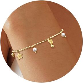 Gold Pearl Bracelects for Women, 14k Gold Plated Freshwater Pearls Bracelect Dainty Heart Beaded Pearl Stretch Bracelects Charm Fashion Jewelry Gifts for Women